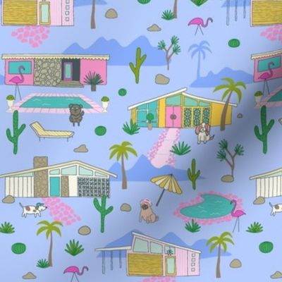 (S) Palm Springs California mid century bungalow dogs blue SMALL scale