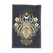 Whimsical spider garden  - tea towel -cream, green and gold - motifs - - floral