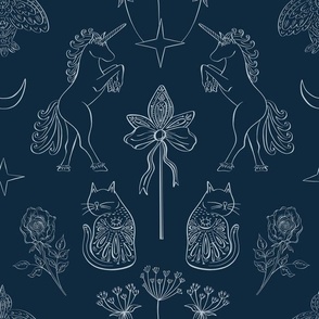Large scale whimsigothic ink cat with bird, flowers, unicorn, moon, stars on dark blue in line work