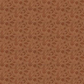 Indian block print chintz florals earth tone terracotta rust monochrome - small scale
