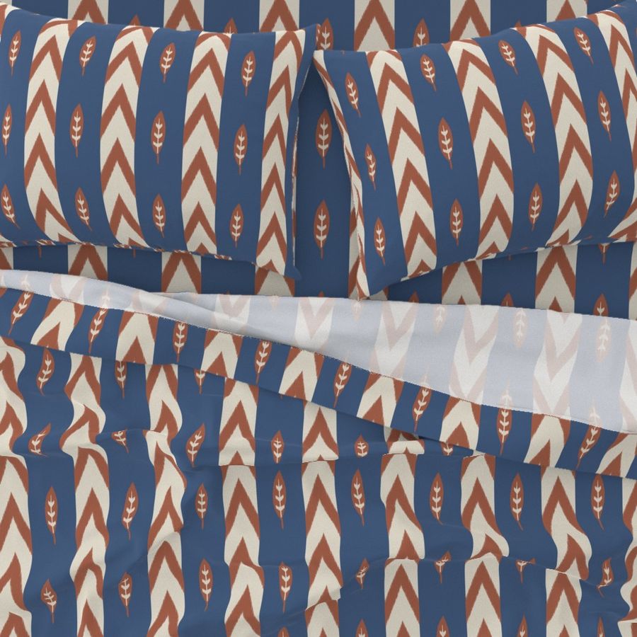 M - Ikat chevron stripes with fall leaves warm orange and cobalt blue