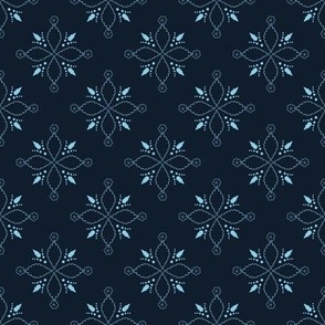 (M) light blue floral ornament with leaves on dark blue