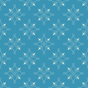 (M) floral white ornament with leaves on Greek sea blue