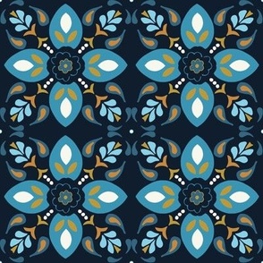 (M) flower tiles in blue, cerulean blue, white, brown on dark blue