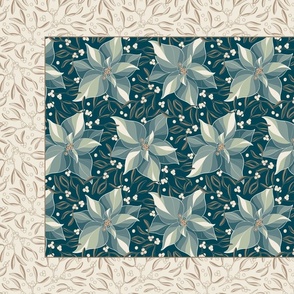 Poinsettia Tea Towel & Wall Hanging with Mistletoe Border - Teal Blue, Gold