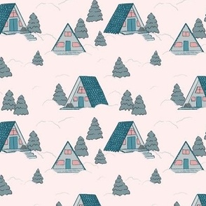 Winter A-Frame Cabins in the Snowy Woods in Frosty Blue-Green (Small Scale)