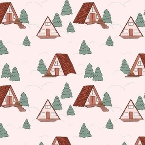 Winter A-Frame Cabins in the Snowy Woods in Classic Crimson Red (Small Scale)