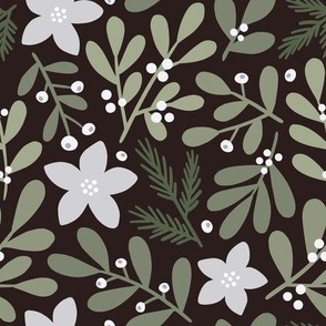 Christmas floral with leaves on dark background 