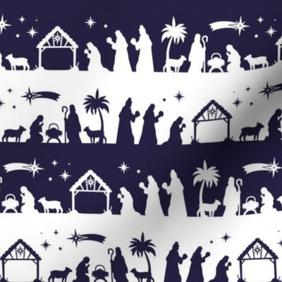 Midnight Blue Christmas Nativity Silhouette Scene