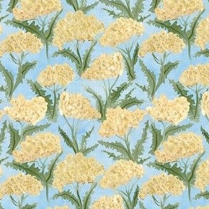 Watercolor Wild Yarrow Wildflowers -  Ditsy Scale - Blue Linen background - Flower Botanical Flora Meadow Native Plant