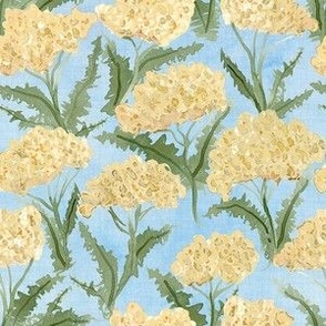 Watercolor Wild Yarrow Wildflowers -  Small Scale - Blue Linen background - Flower Botanical Flora Meadow Native Plant