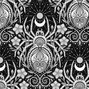 Whimsical spider garden - black, white and gray- motifs - wallpaper - floral