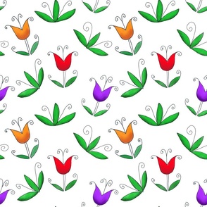 Folk art inspired Tulips on white background, yellow, red and purple flowers