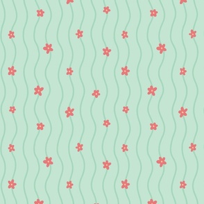 Hand Drawn Floral Waves in Mint Green, Coral - Large Scale