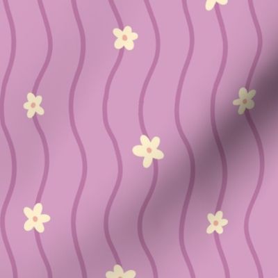 Hand Drawn Floral Waves in Cream, Purple - Large Scale