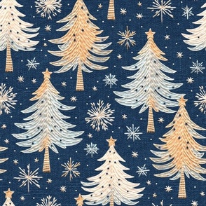 Embroidered Christmas Trees on Blue (Large Scale)