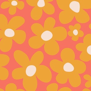 Groovy modern psychedelic inspired flowers - (MEDIUM) - goldenrod yellow, eggshell white, orange background