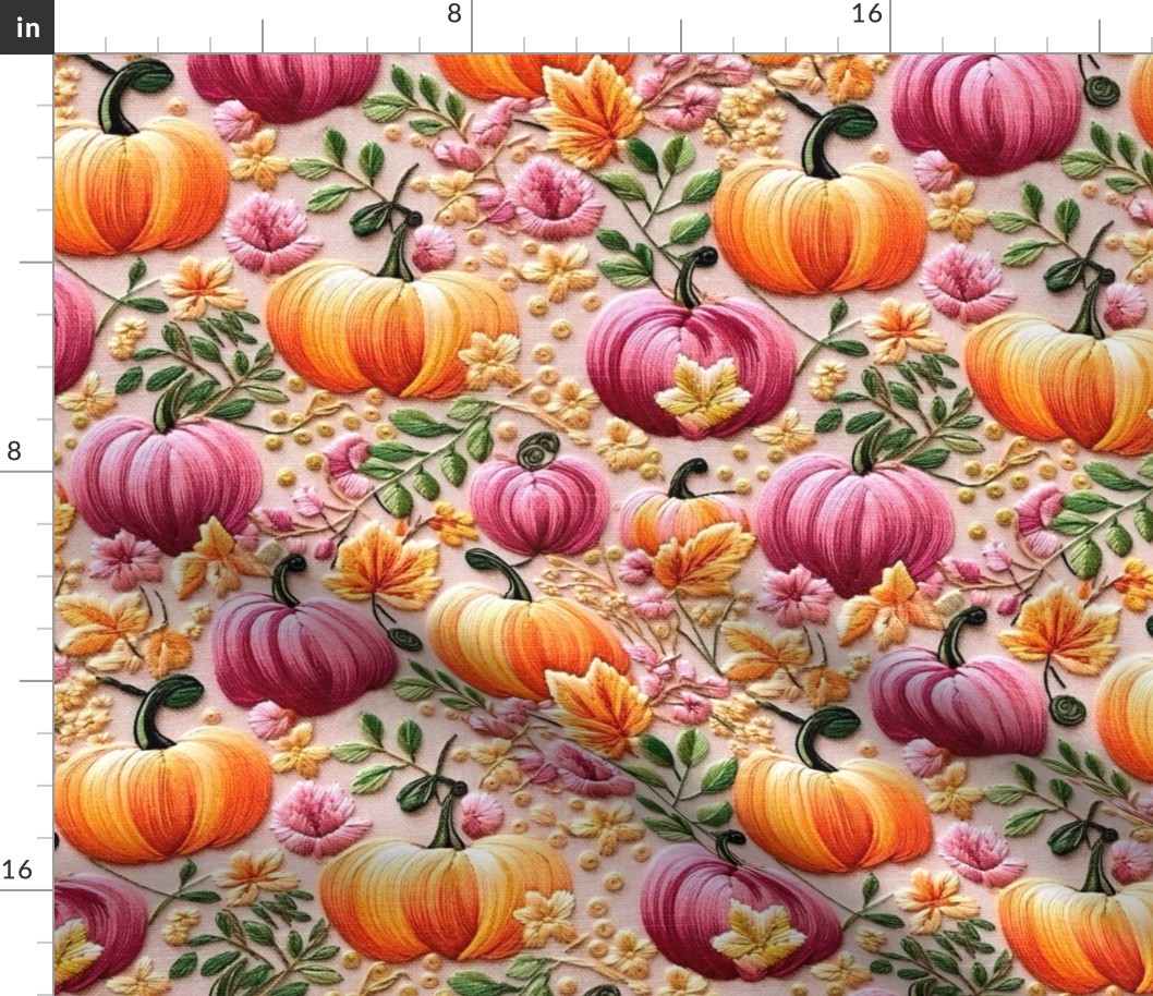 Embroidered Pink Orange Pumpkins (Large Scale)