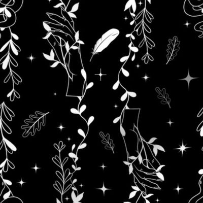 Celestial gothic fabric, black and white elegant style, witch hand with botanical elements