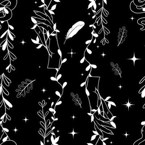Celestial gothic fabric, black and white elegant style, witch hand with botanical elements