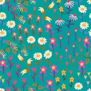 Wildflowers turquoise blue - Daisies and other flowers in this watercolor style bright floral design. Also available as a cheater quilt.