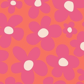 Groovy modern psychedelic inspired flowers - (MEDIUM) - fuchsia pink, eggshell white, orange background