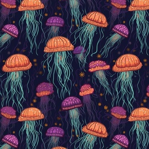 jellyfish in orange and purple and blue