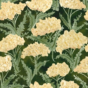 Watercolor Wild Yarrow Wildflowers at the Lakeside -  Medium Large Scale - Dark green background