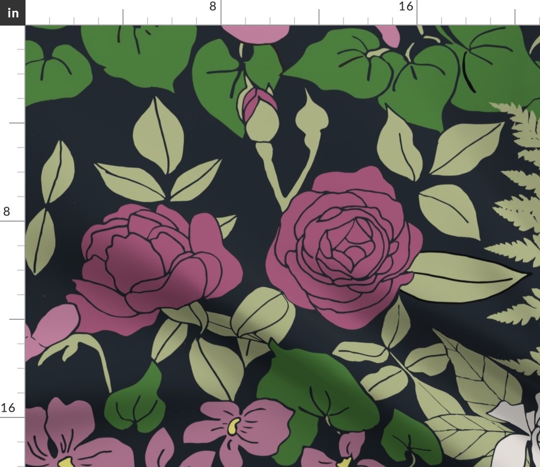 bold moody floral cabbage roses on dark background