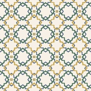 Portuguese Tile Design- REDUCED size-Geometric Medallions- linear geometric design, yellow, blue, green on ivory.
