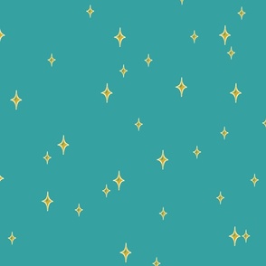 Scattered Stars - Hand-drawn celestial diamonds - Yellow Stars on Medium Teal Blue Sky