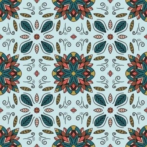 Floral Medallion Coral and Teal
