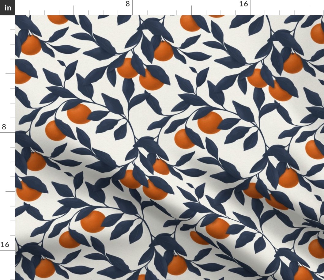Orange fruit, Botanical pattern for kitchen, blue and orange colors, fruits