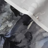 Night of the wolves, an epic watercolor design with wolves in the night in the forest