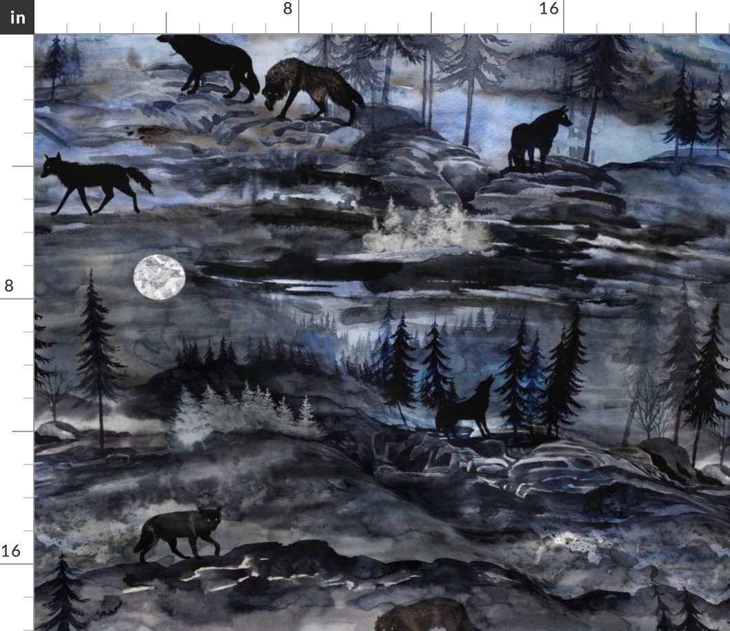 Night of the wolves, an epic watercolor design with wolves in the night in the forest