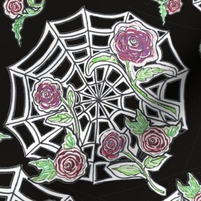 Spider webs with gothic red roses black background