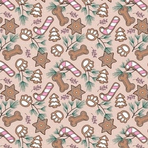 Winter Wonderland - Vintage style freehand dog cookies pine branches  stars paws candy canes and christmas trees boho dog snacks pink teal on sand beige blush SMALL 