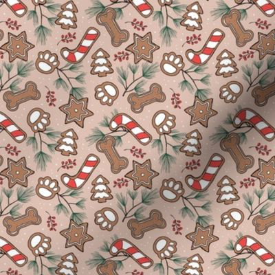 Winter Wonderland - Vintage style freehand dog cookies pine branches  stars paws candy canes and christmas trees boho dog snacks red green beige tan SMALL 
