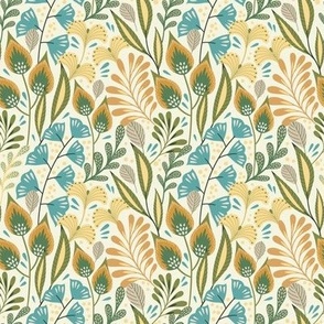 Scandinavian abstract pattern with flowers and leaves in blue color palette