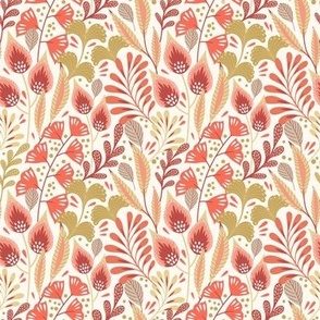 Scandinavian abstract pattern with flowers and leaves in red color palette