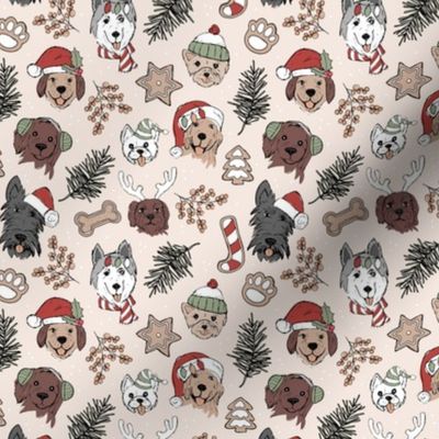 Cute vintage boho Christmas dogs and cookies - freehand seasonal snacks and husky labradoodle scotties and other puppy friends ruby red olive green on sand SMALL