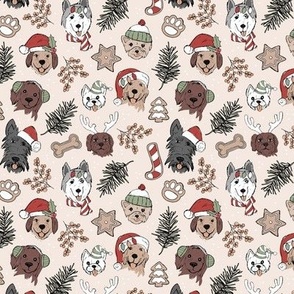 Cute vintage boho Christmas dogs and cookies - freehand seasonal snacks and husky labradoodle scotties and other puppy friends ruby red olive green on sand SMALL