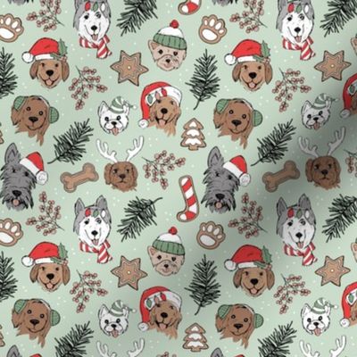 Cute vintage boho Christmas dogs and cookies - freehand seasonal snacks and husky labradoodle scotties and other puppy friends pink olive green on mint green SMALL