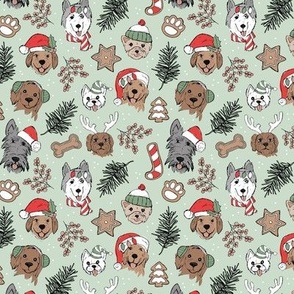 Cute vintage boho Christmas dogs and cookies - freehand seasonal snacks and husky labradoodle scotties and other puppy friends pink olive green on mint green SMALL