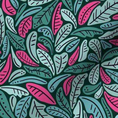  Graphic tropical leaves and lines - jungle abstract leaves - shades of green and pink