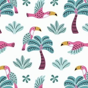 Graphic pink toucans and green palm trees - tropical exotic birds of Iguazu jungle