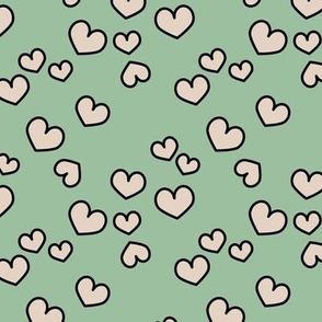 Groovy retro hearts - sweet Valentines Day tossed love theme heart design with fat outline vintage green mint beige tan