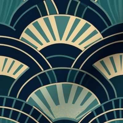 art deco fans in blue and teal and black