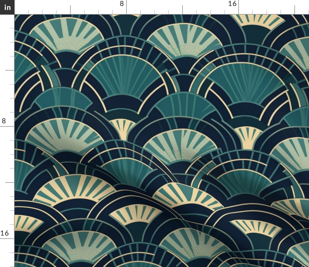 art deco fans in blue and teal and black