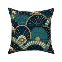 art deco circle fans in gold and black and teal 